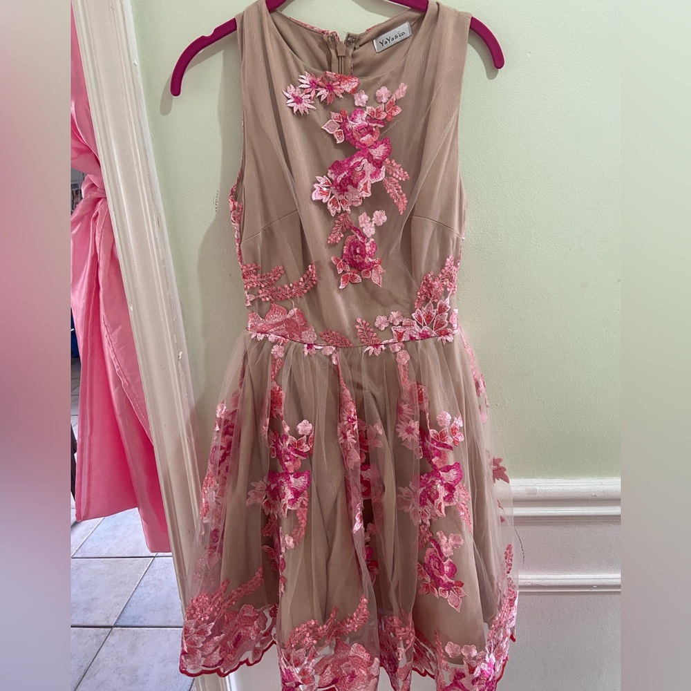 Ya Ya Club Taupe Dress with Pink Floral Appliqué